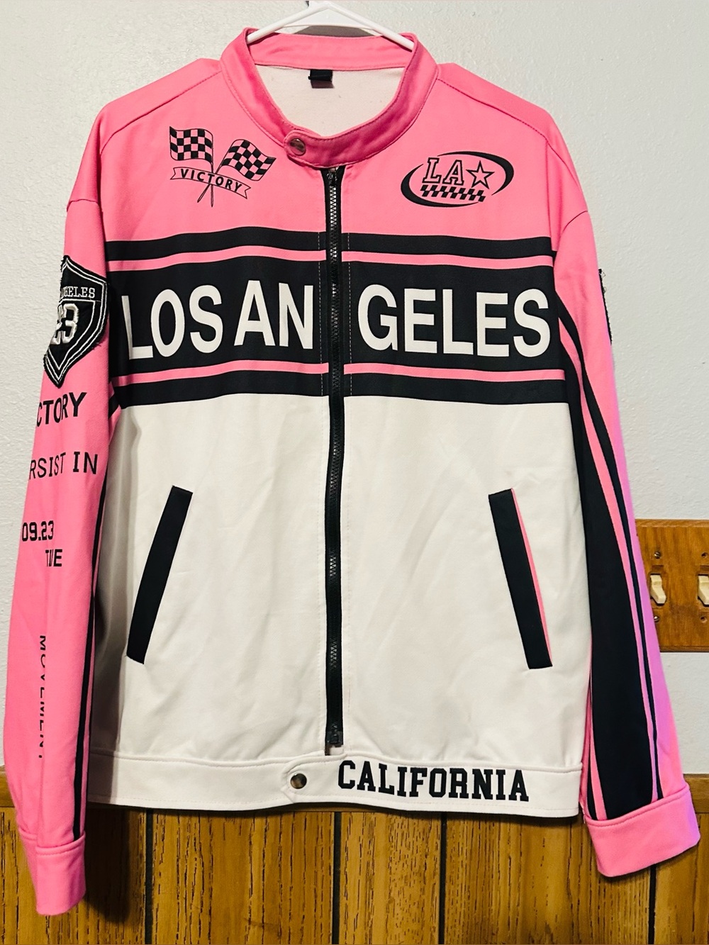 Manfinity Los Angeles Pink & White Racing Jacket size MEDIUM
